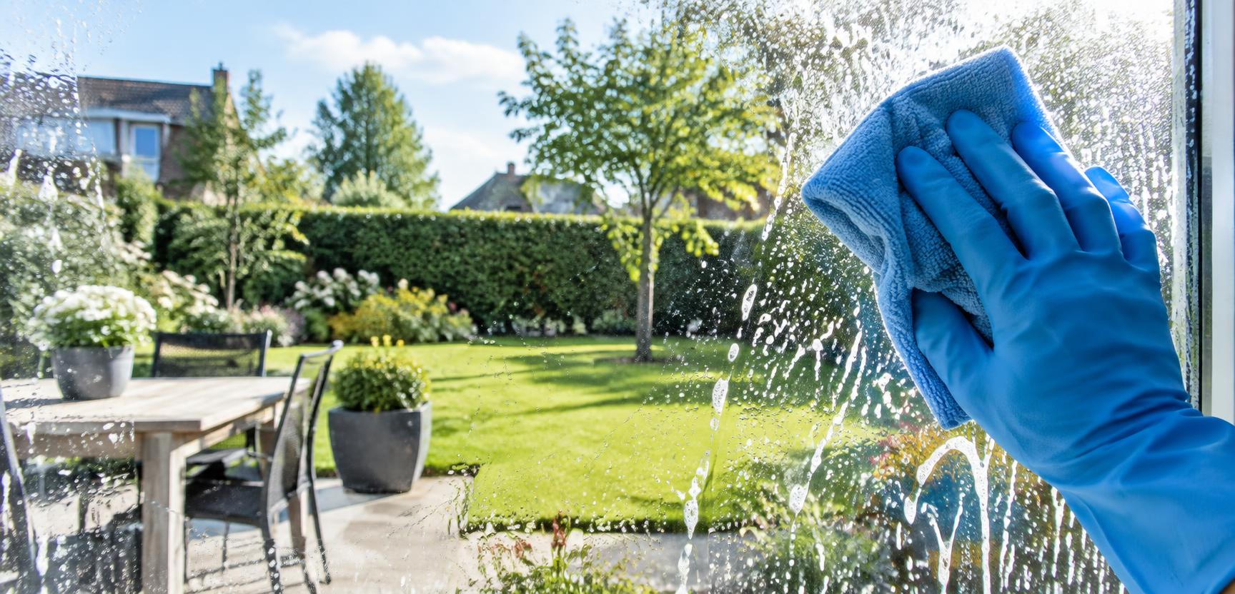 Vitre en cours de nettoyage avec vue sur un jardin belge entretenu
