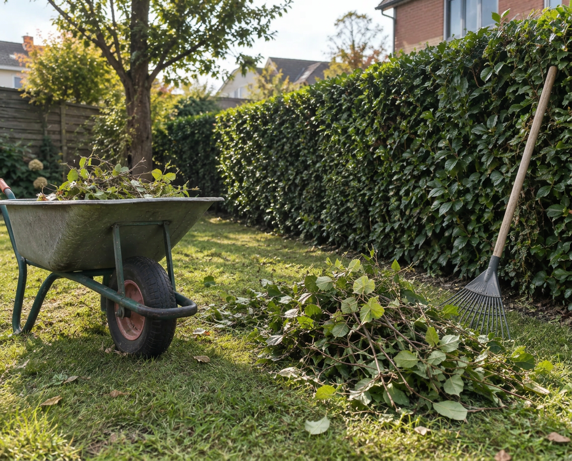 Matériel de jardinage près d'une haie entretenue